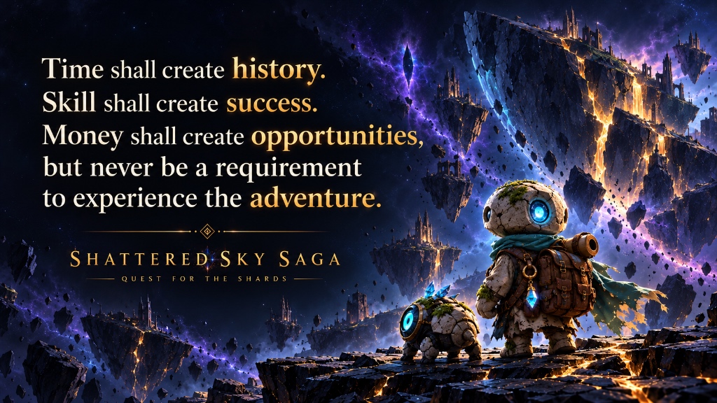 Time shall create history. Skill shall create success. Money shall create opportunities, but never be a requirement to experience the adventure. — Shattered Sky Saga: Quest for the Shards